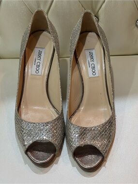 Jimmy Choo Isabel Glitter Peep-Toe Pumps in Sparkling Champagne